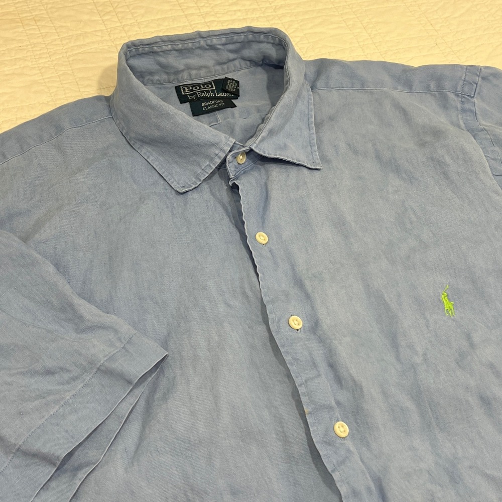 Polo Ralph Lauren Mens 2XB Blue 100% Linen Bradford Classic Fit SS Shirt Logo